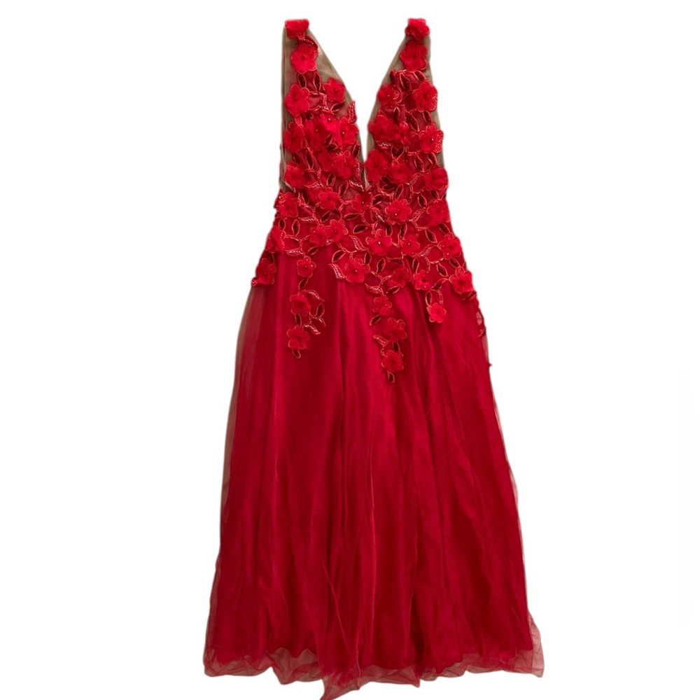 Handmade Couture Red Floral Appliqué Dress. New.